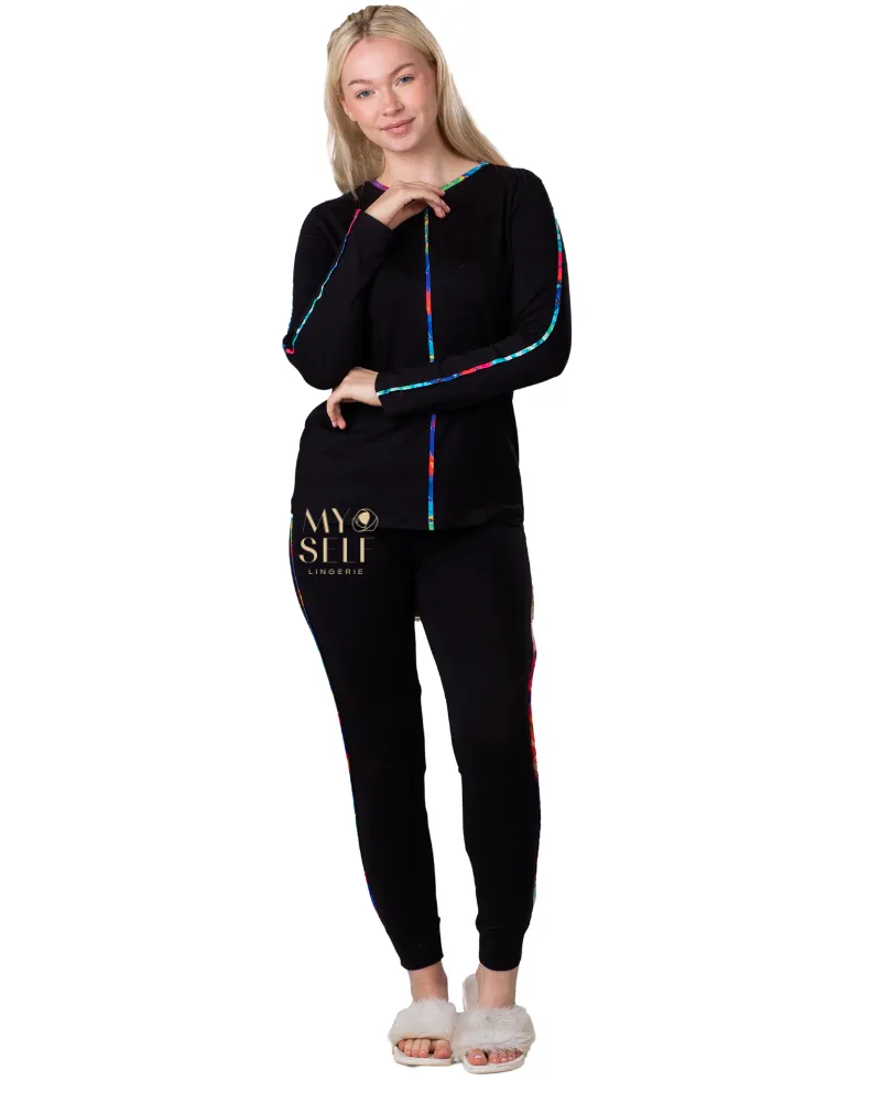 522-P Multicolor Piping Black Cotton Pajamas Set