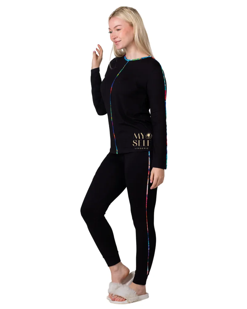 522-P Multicolor Piping Black Cotton Pajamas Set