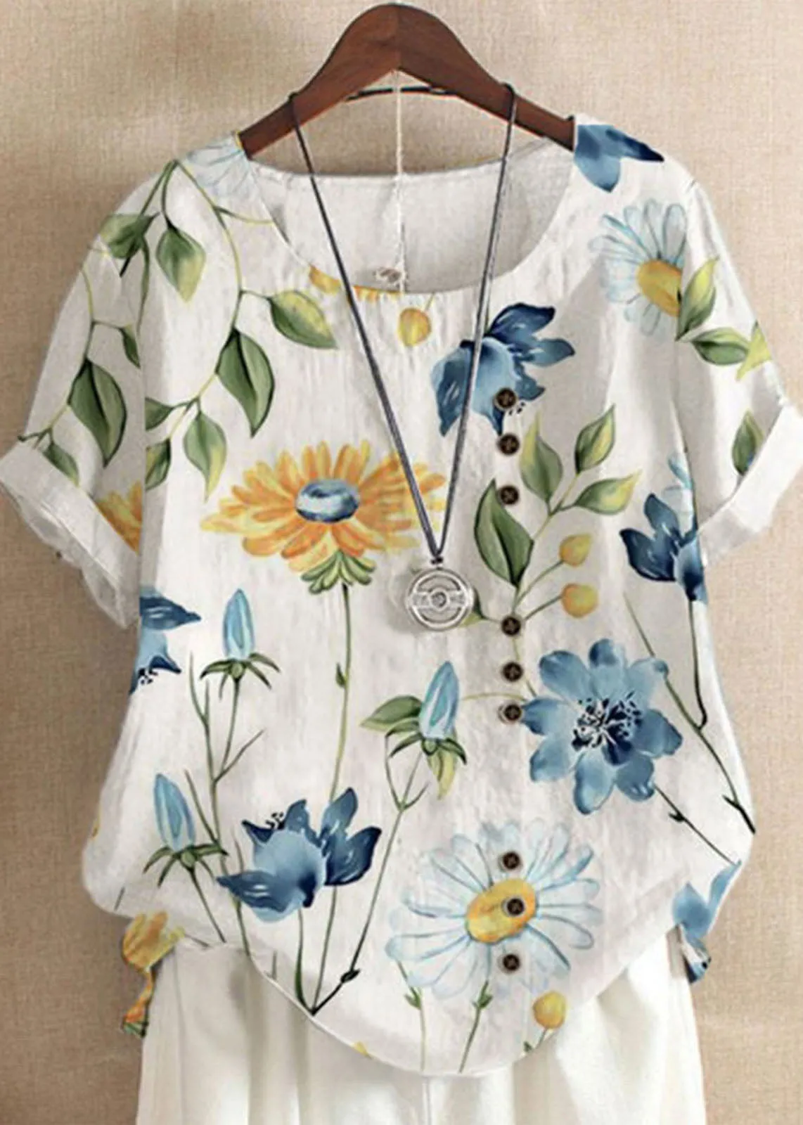 Art Yellow Print O Neck Patchwork Linen T Shirts Top Summer LY7177