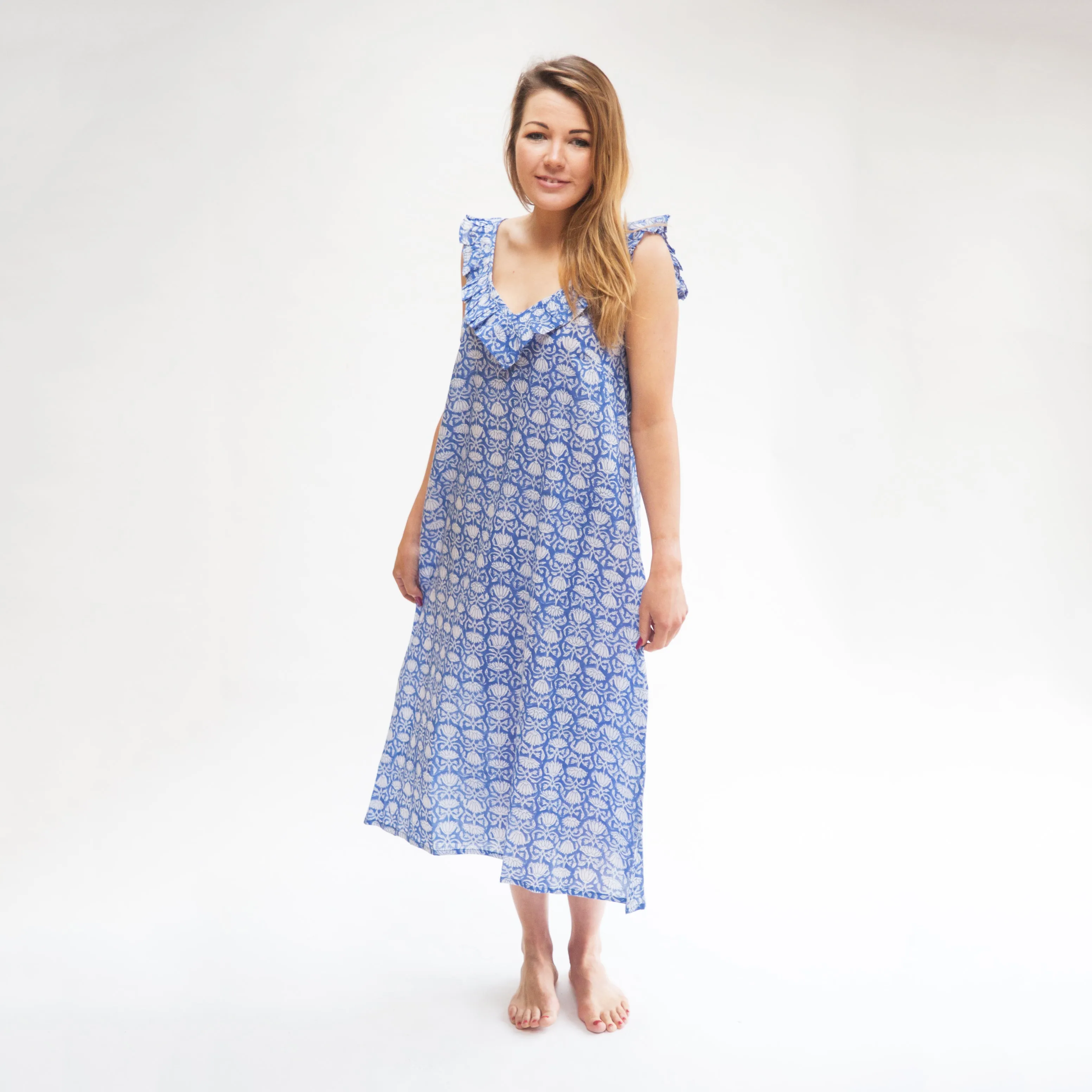 Block Print Cotton Nightdress - Blue & White