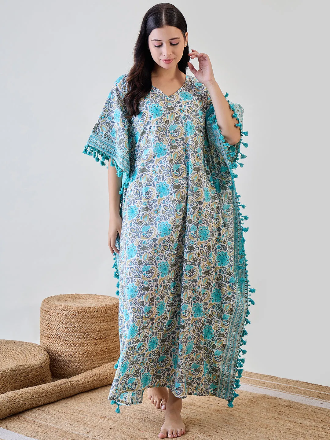 Blue Floral Tassel Lace Embellished Cotton Kaftan Nightdress