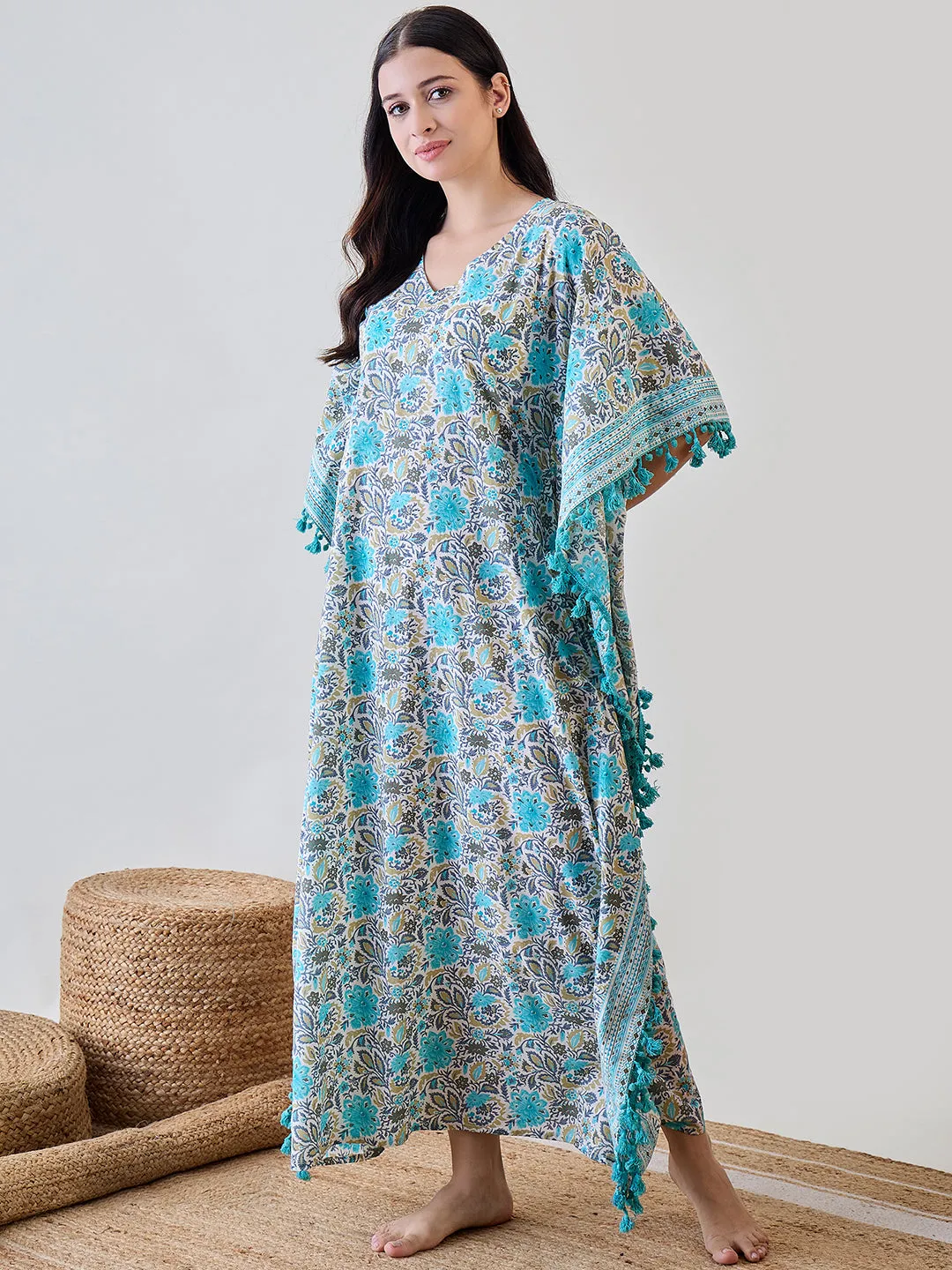 Blue Floral Tassel Lace Embellished Cotton Kaftan Nightdress