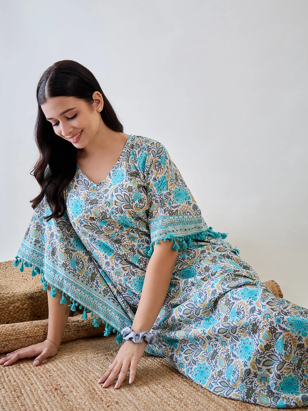 Blue Floral Tassel Lace Embellished Cotton Kaftan Nightdress