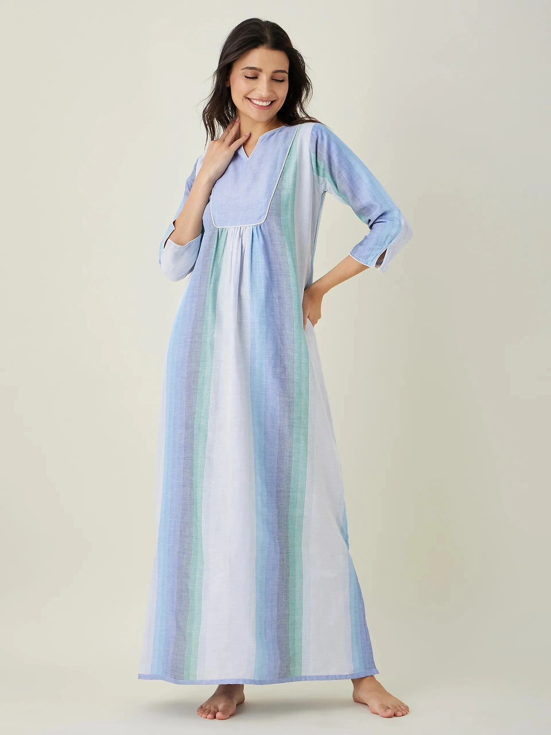 Blue Striped Handloom Cotton Nightdress