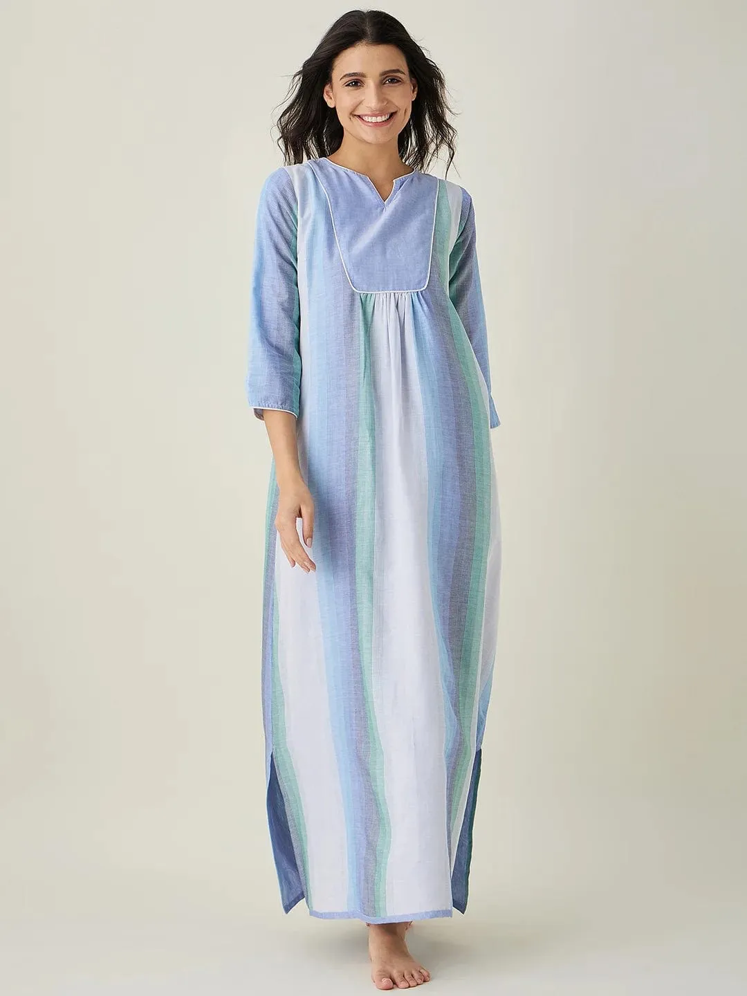 Blue Striped Handloom Cotton Nightdress