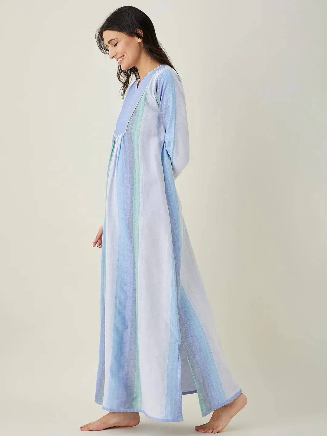 Blue Striped Handloom Cotton Nightdress