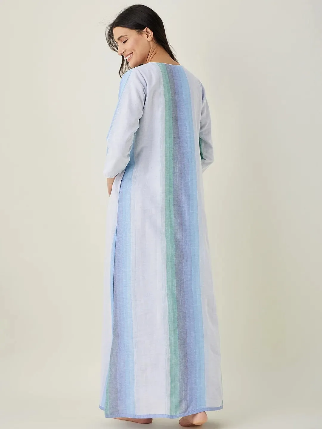 Blue Striped Handloom Cotton Nightdress