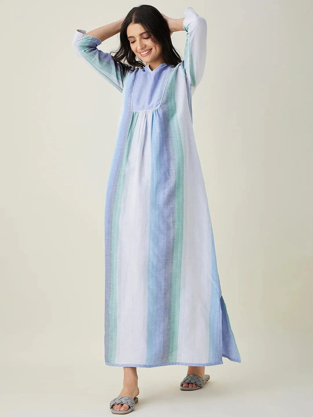 Blue Striped Handloom Cotton Nightdress