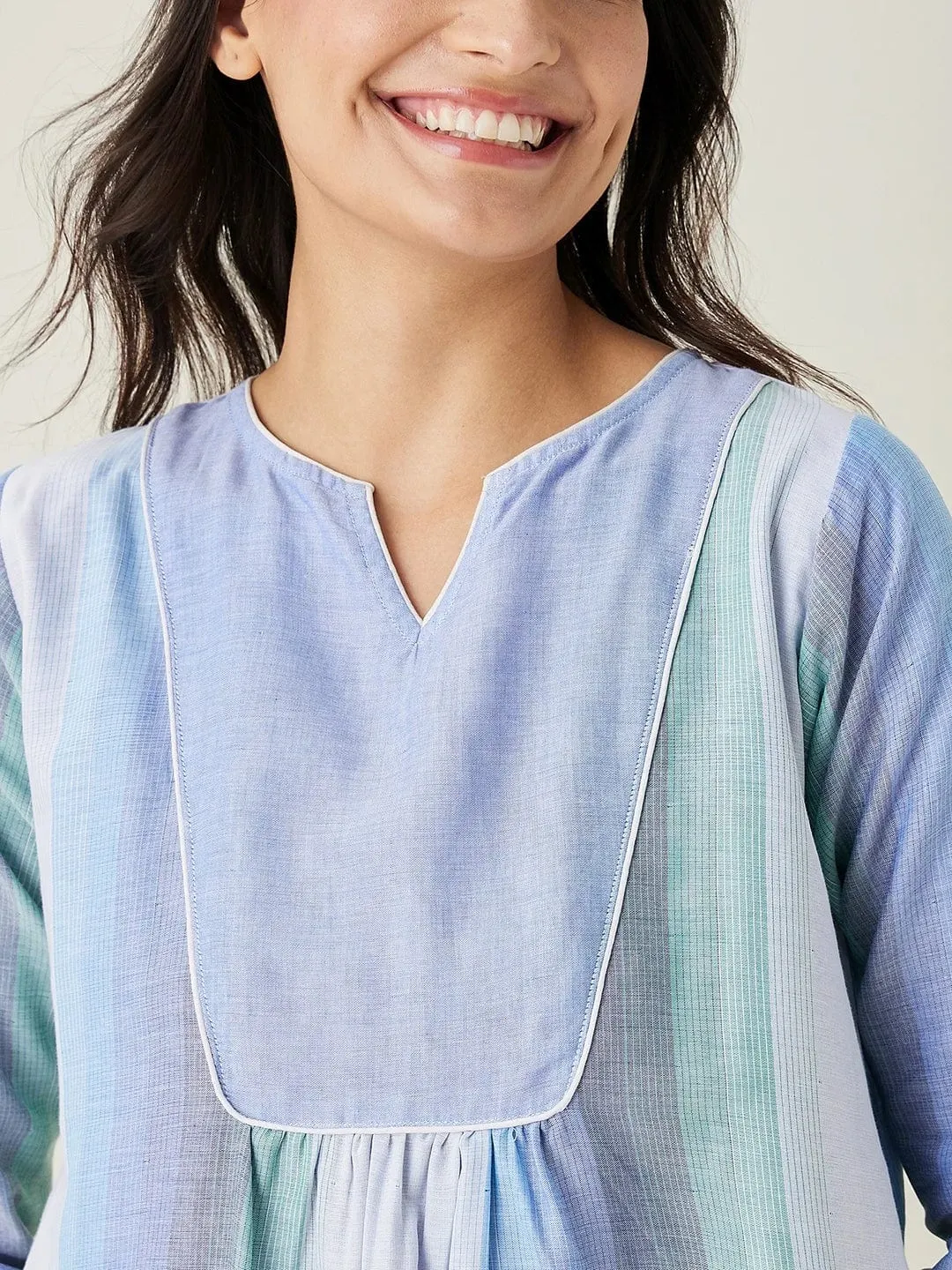 Blue Striped Handloom Cotton Nightdress