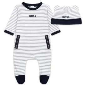 Boys Striped Babygrow   Pull On Hat Set