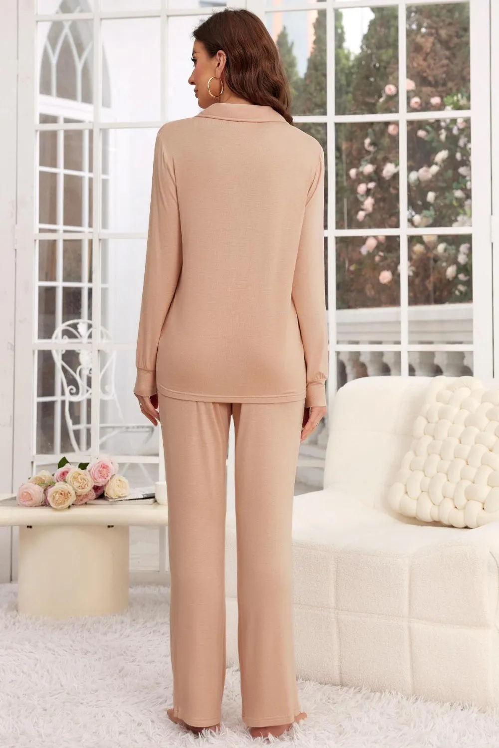 Button Up Long Sleeve Top and Pants Lounge Set