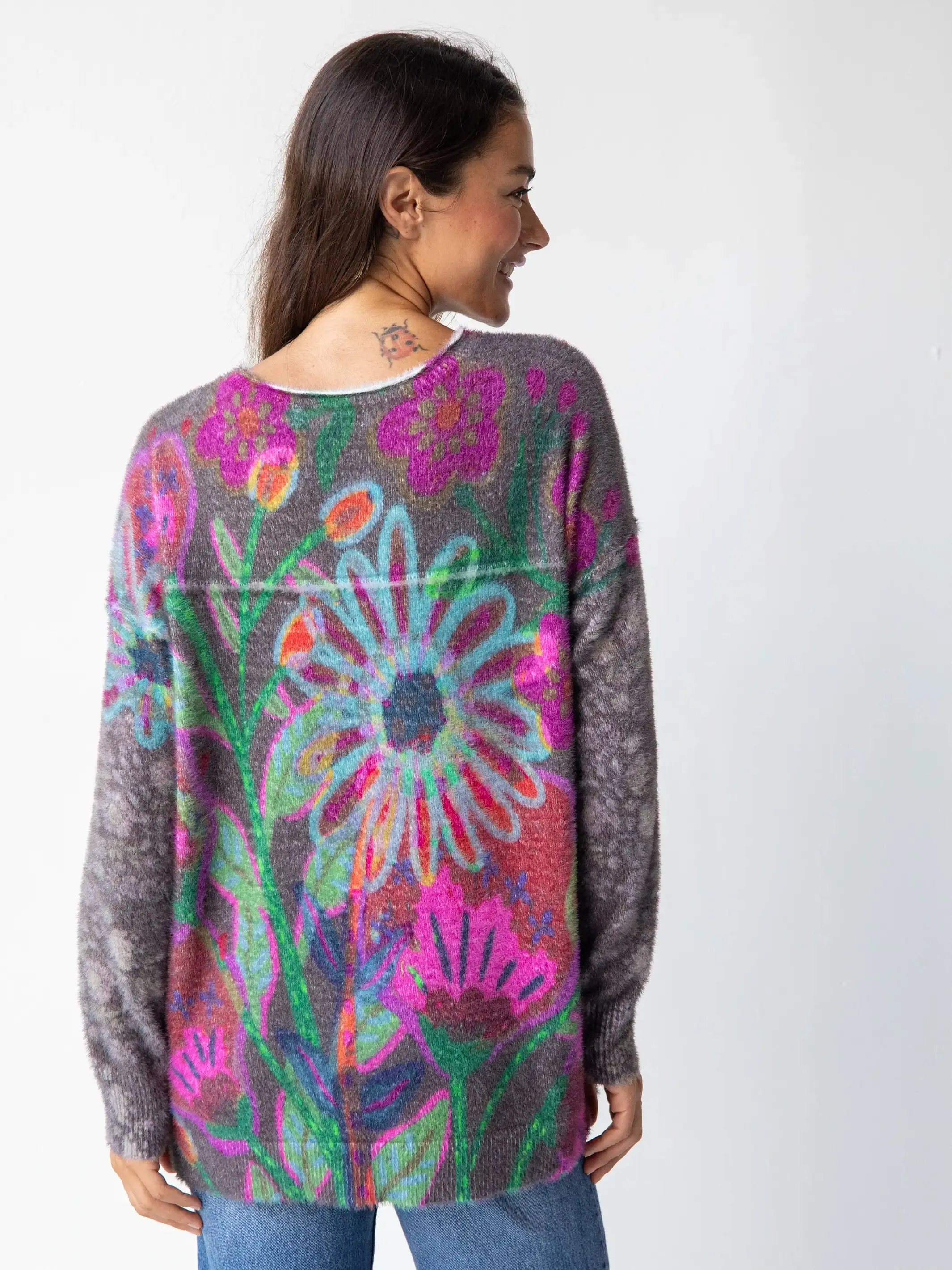 Cashmere-like Pullover Sweater - Mauve Folk Flower