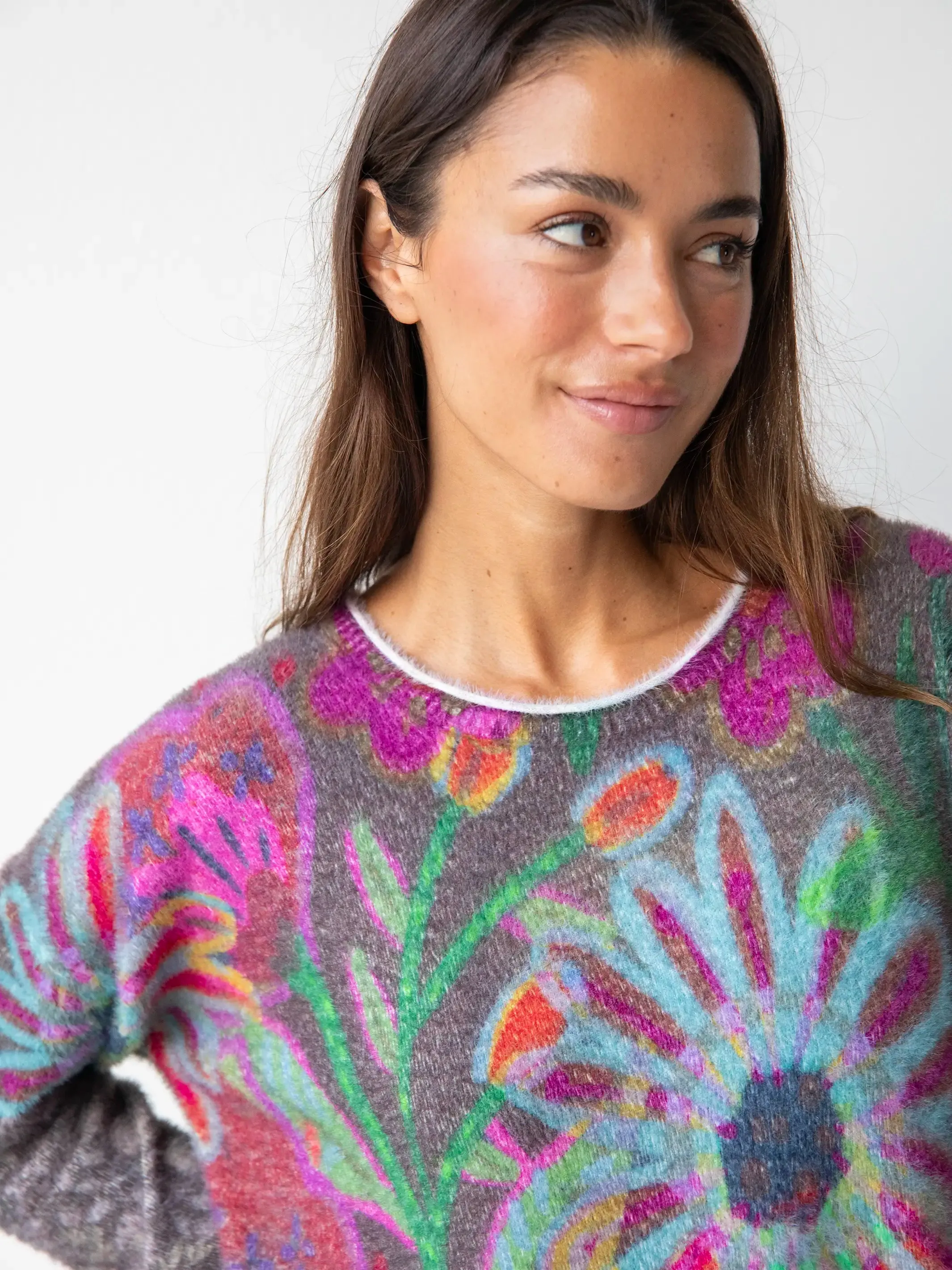 Cashmere-like Pullover Sweater - Mauve Folk Flower