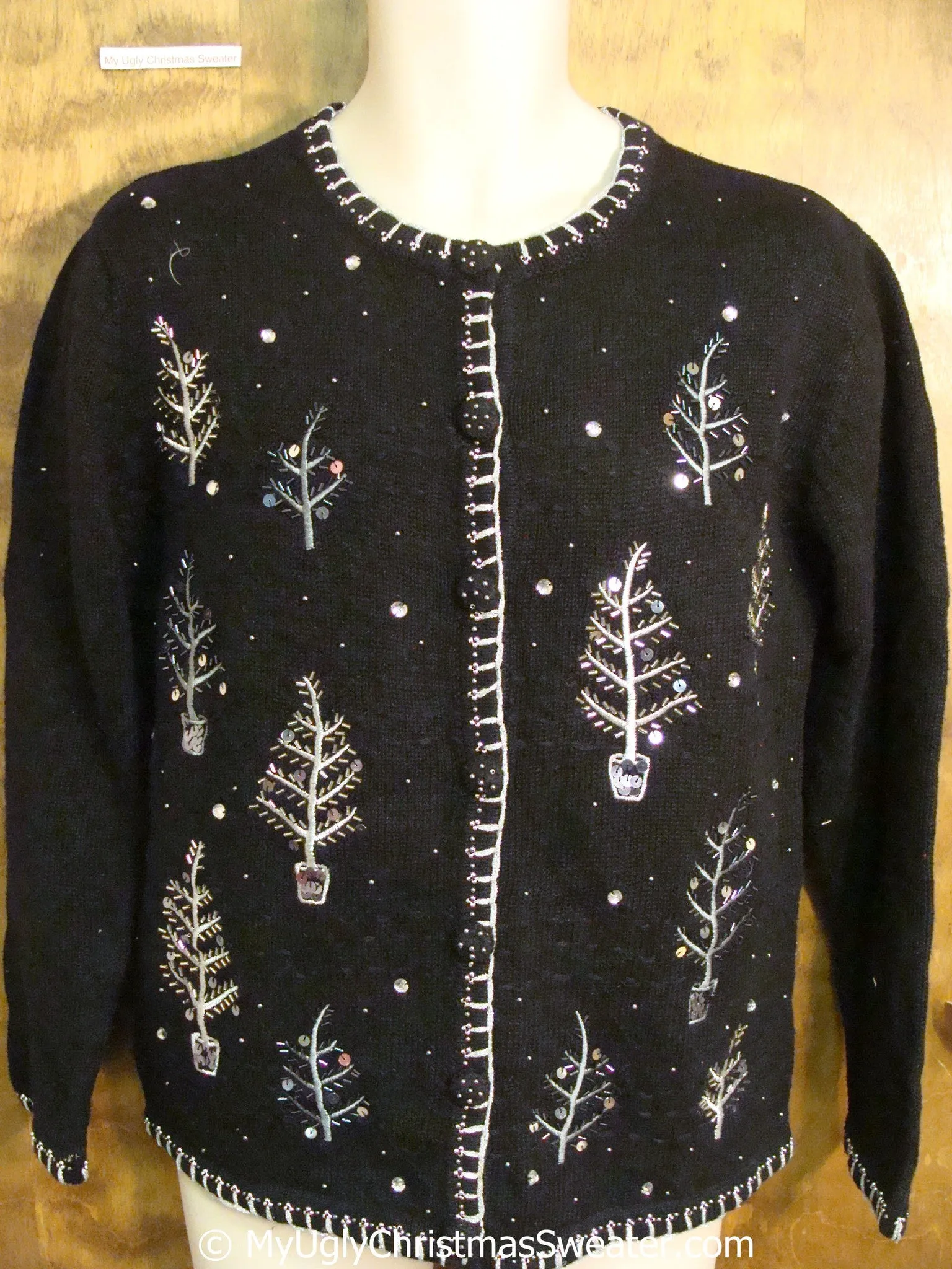 Cheap Black Tacky Christmas Sweater with Snowy Trees