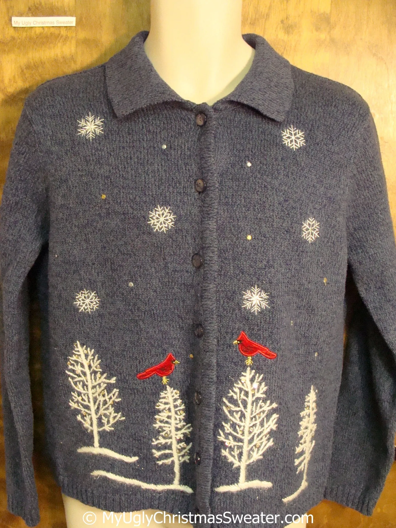 Cheap Blue Ugly Christmas Sweater with Red Cardinal Birds