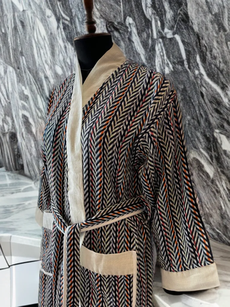 Chevron Kimono Bathrobe - Black Blue Orange White