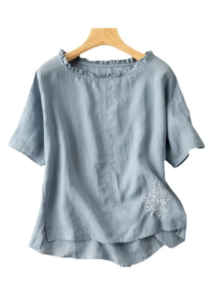 Classy Blue Ruffled Embroideried Patchwork Cotton T Shirts Tops Summer LY8298