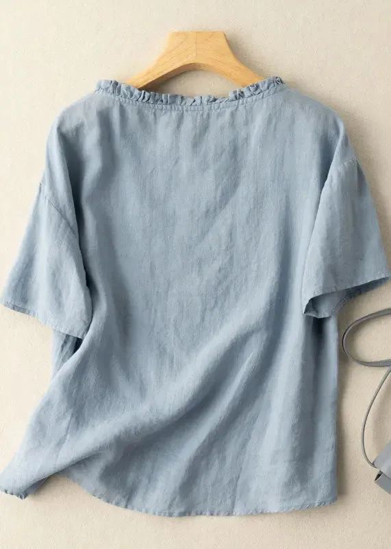 Classy Blue Ruffled Embroideried Patchwork Cotton T Shirts Tops Summer LY8298