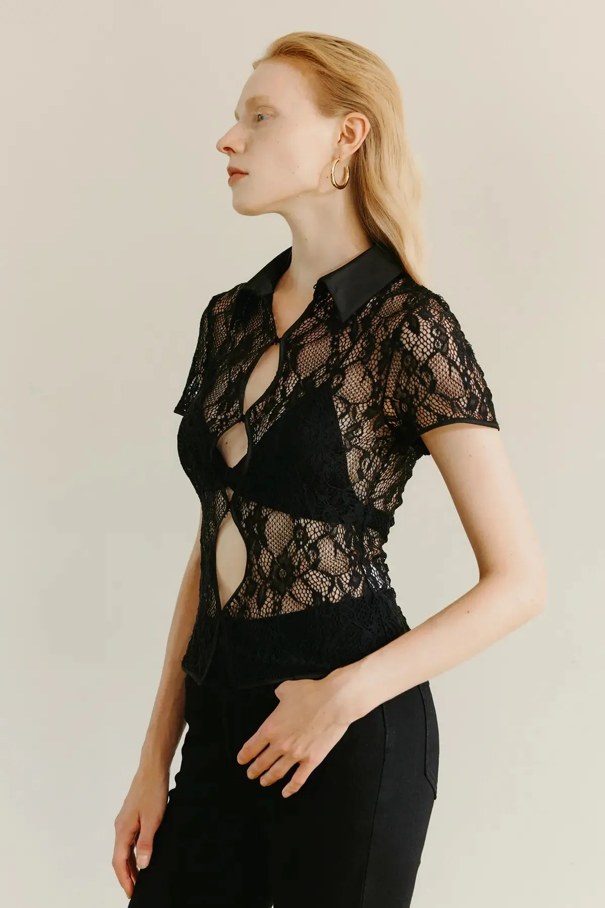 Contrast Lace Cut Out Sheer Top