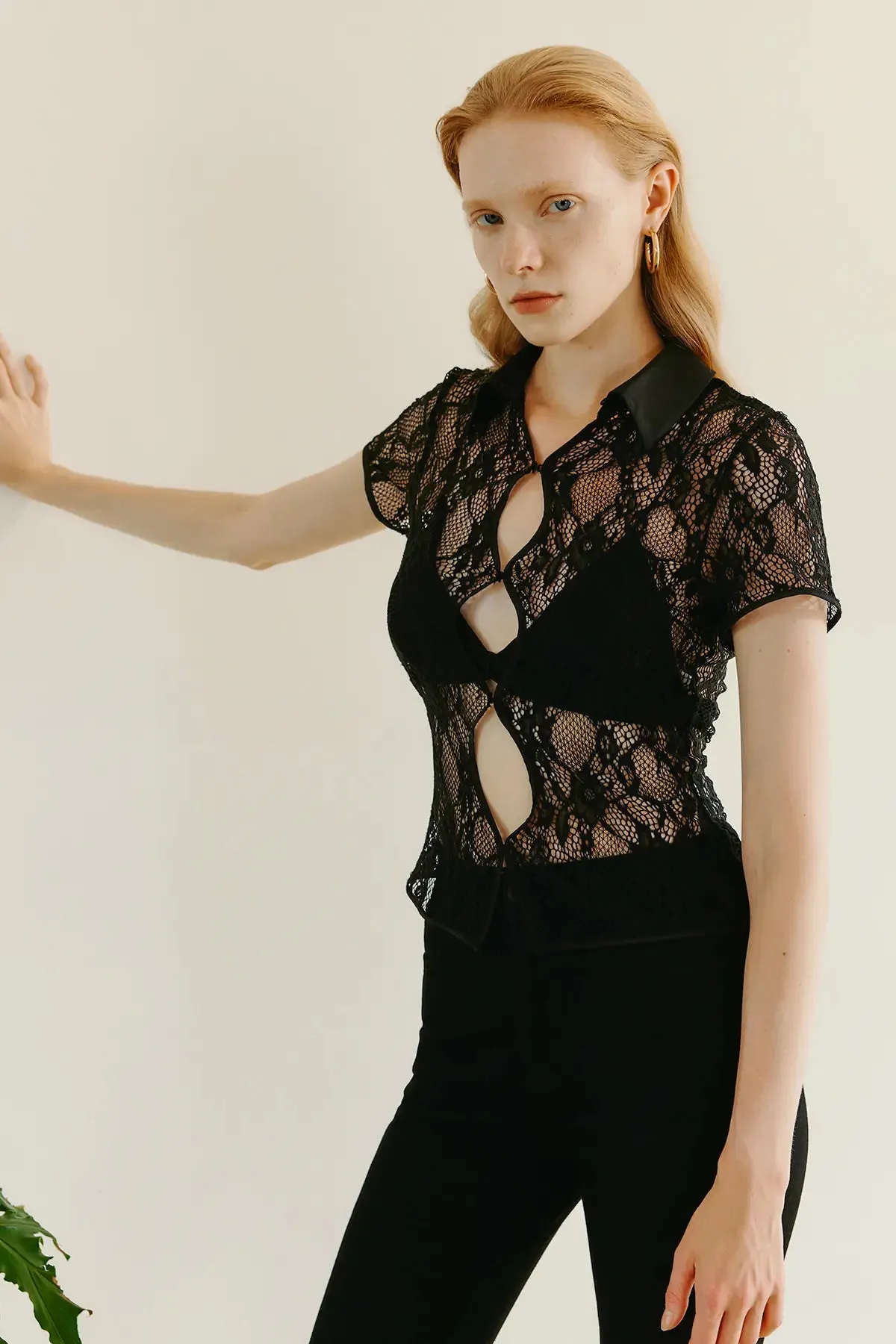 Contrast Lace Cut Out Sheer Top