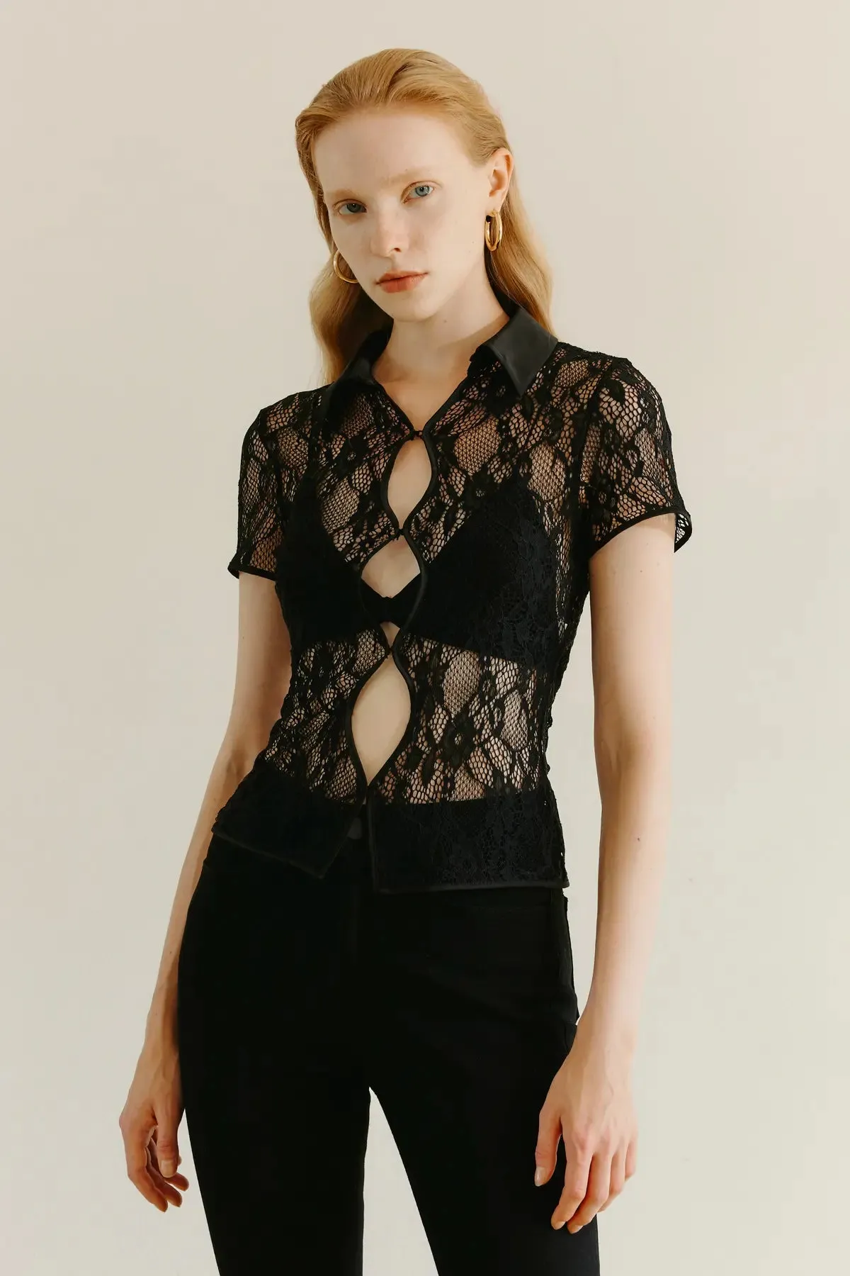 Contrast Lace Cut Out Sheer Top