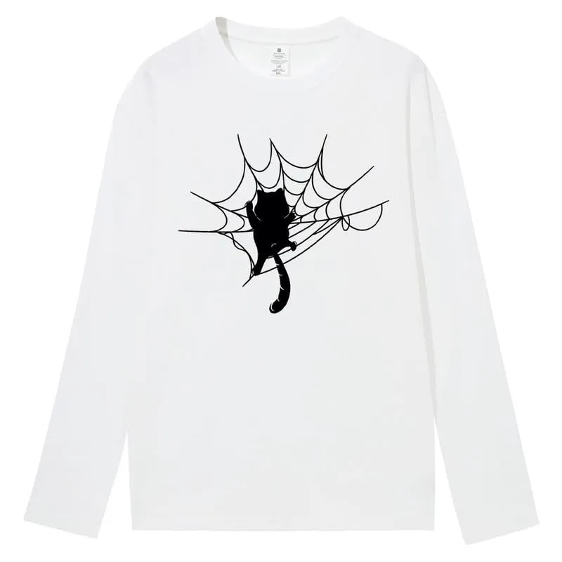 CORIRESHA Halloween Spider Web Crew Neck Long Sleeve Casual Cat Lover T-Shirt