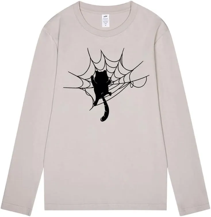 CORIRESHA Halloween Spider Web Crew Neck Long Sleeve Casual Cat Lover T-Shirt