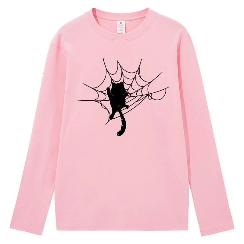 CORIRESHA Halloween Spider Web Crew Neck Long Sleeve Casual Cat Lover T-Shirt