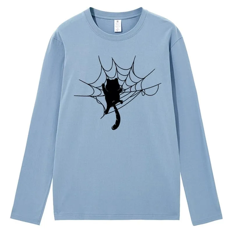 CORIRESHA Halloween Spider Web Crew Neck Long Sleeve Casual Cat Lover T-Shirt