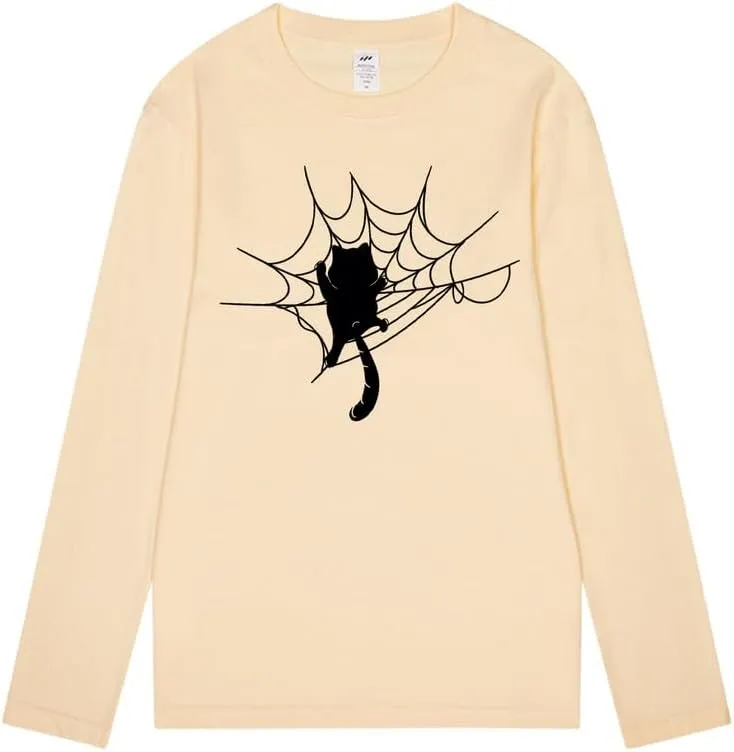 CORIRESHA Halloween Spider Web Crew Neck Long Sleeve Casual Cat Lover T-Shirt