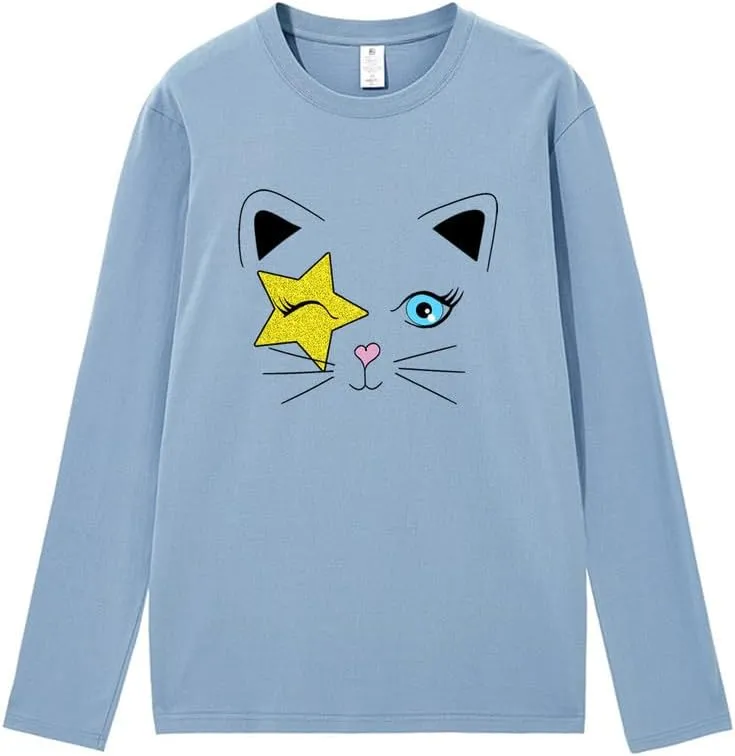 CORIRESHA Teen Y2k Star Graphic Crewneck Long Sleeve Cotton Cat Lover T-Shirt