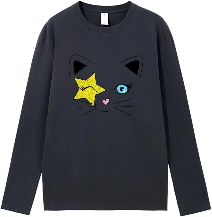 CORIRESHA Teen Y2k Star Graphic Crewneck Long Sleeve Cotton Cat Lover T-Shirt