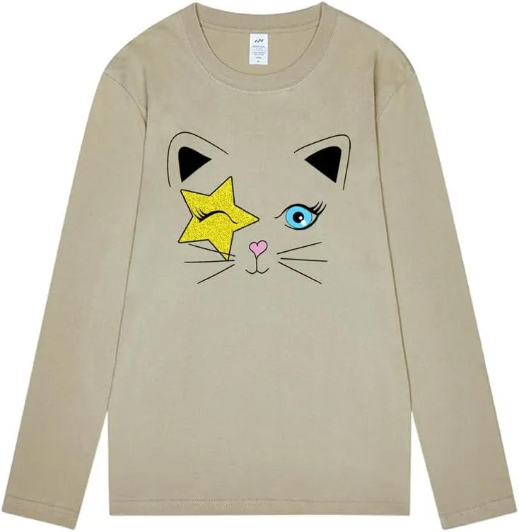 CORIRESHA Teen Y2k Star Graphic Crewneck Long Sleeve Cotton Cat Lover T-Shirt