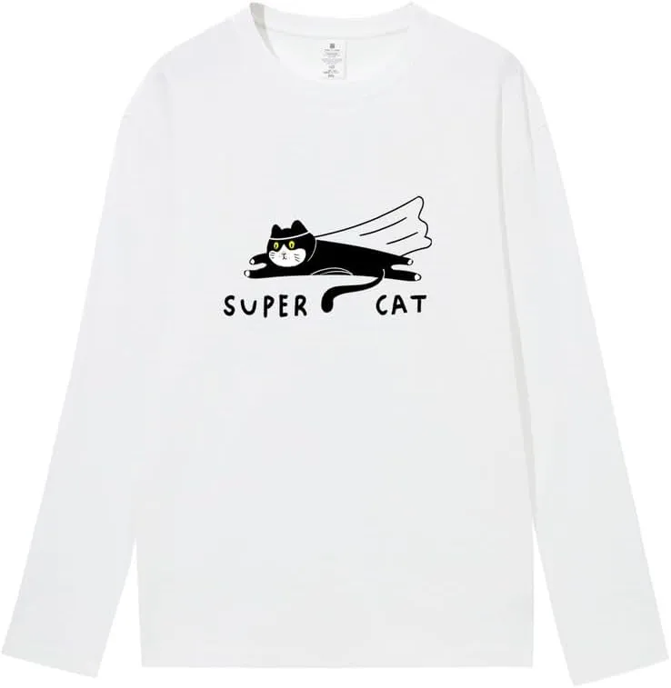 CORIRESHA Unisex Funny Run Cat Crewneck Long Sleeves Cozy Cotton Cute T-Shirts