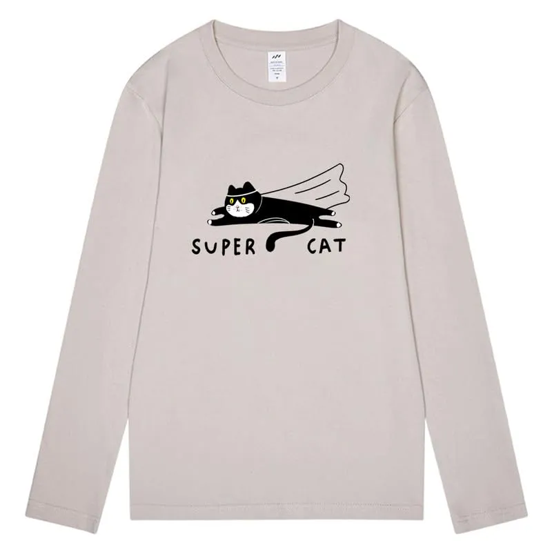 CORIRESHA Unisex Funny Run Cat Crewneck Long Sleeves Cozy Cotton Cute T-Shirts