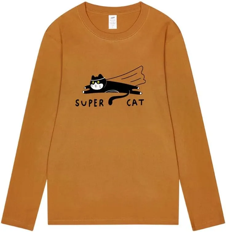 CORIRESHA Unisex Funny Run Cat Crewneck Long Sleeves Cozy Cotton Cute T-Shirts