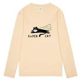 CORIRESHA Unisex Funny Run Cat Crewneck Long Sleeves Cozy Cotton Cute T-Shirts