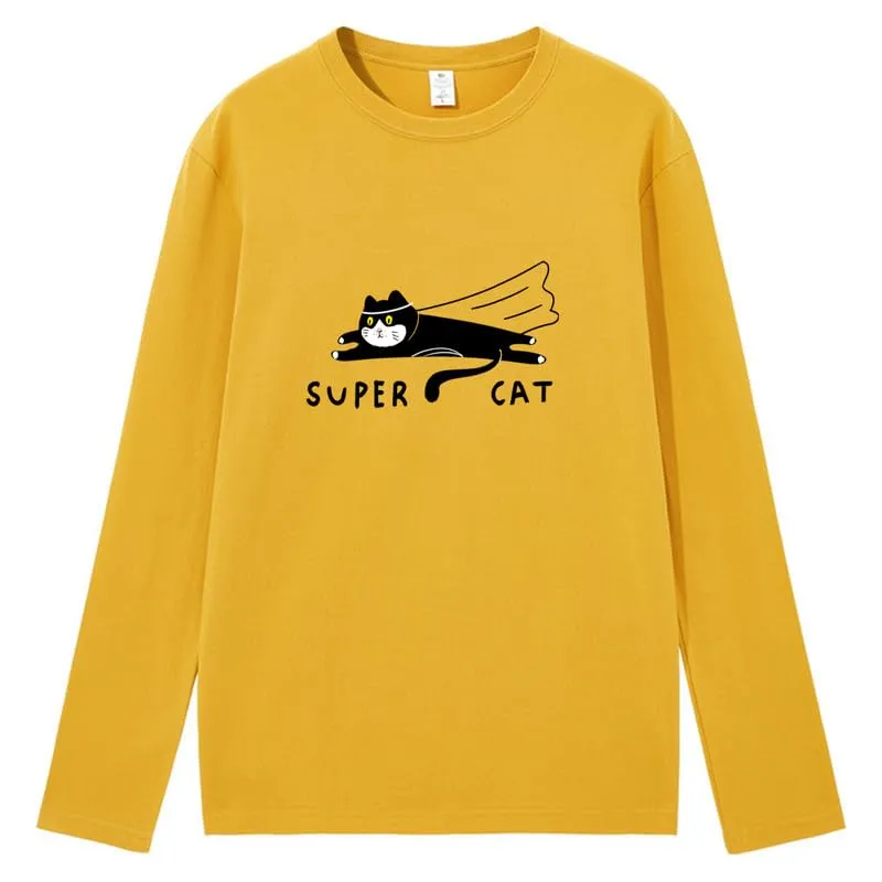 CORIRESHA Unisex Funny Run Cat Crewneck Long Sleeves Cozy Cotton Cute T-Shirts