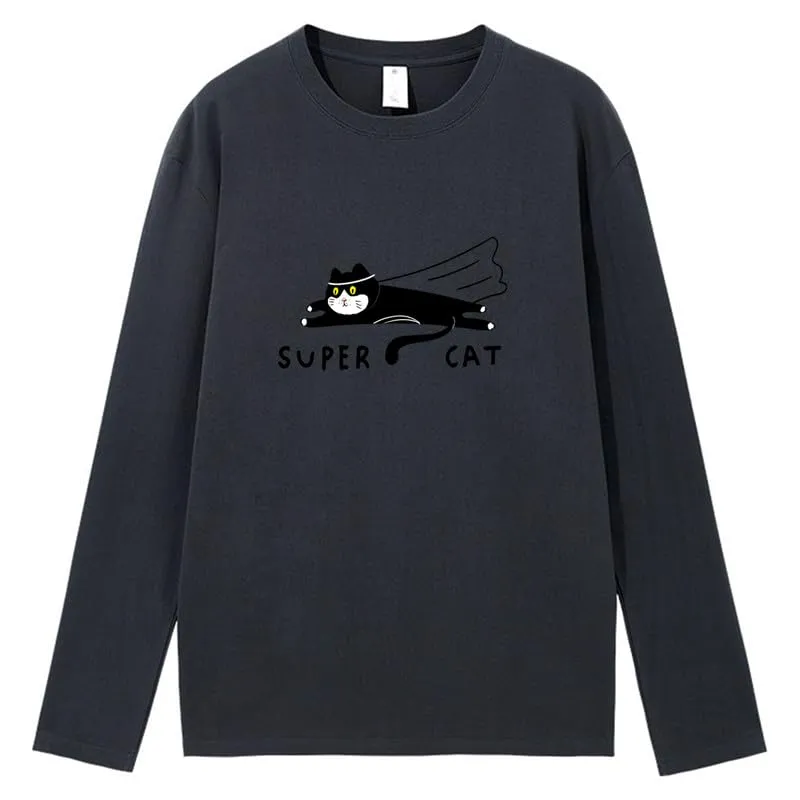 CORIRESHA Unisex Funny Run Cat Crewneck Long Sleeves Cozy Cotton Cute T-Shirts