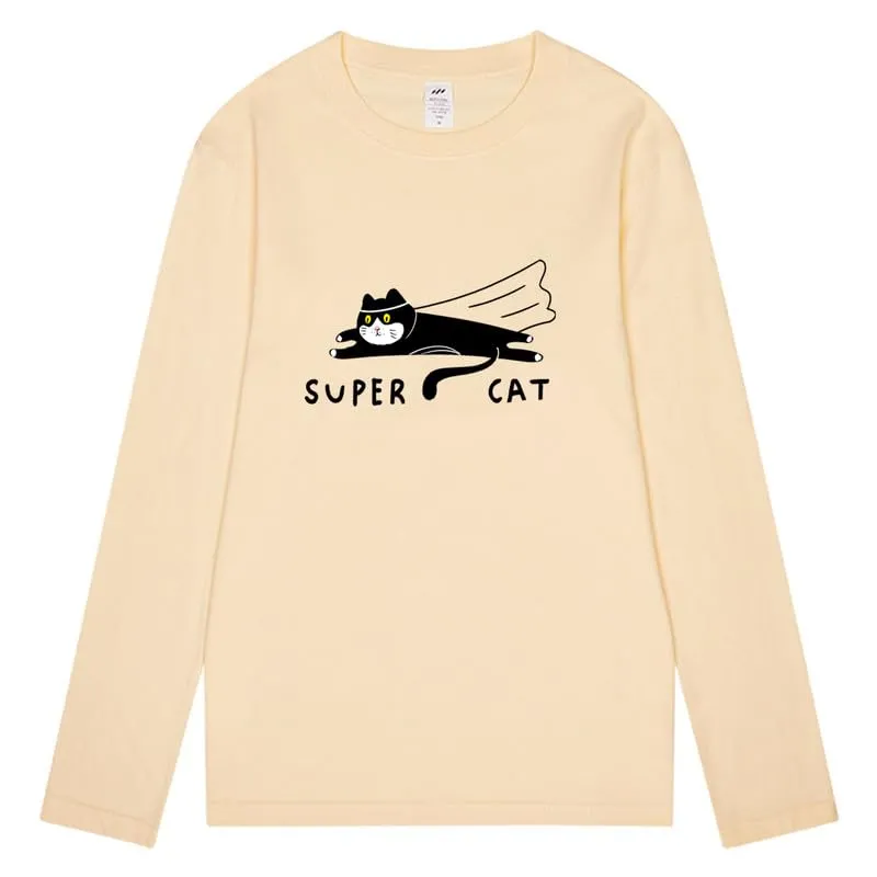 CORIRESHA Unisex Funny Run Cat Crewneck Long Sleeves Cozy Cotton Cute T-Shirts