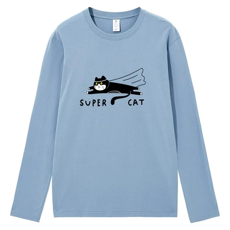 CORIRESHA Unisex Funny Run Cat Crewneck Long Sleeves Cozy Cotton Cute T-Shirts