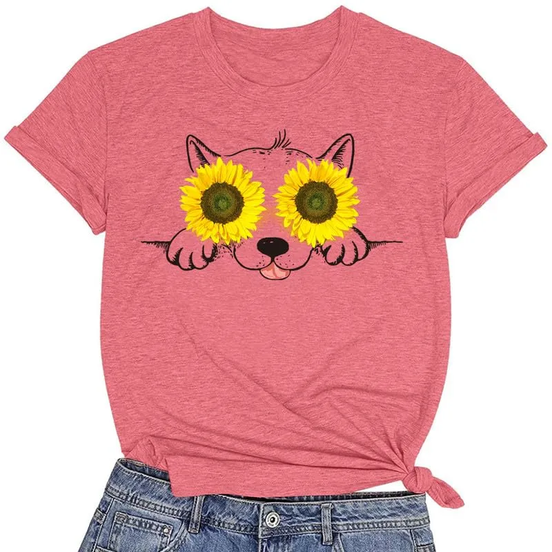 CORIRESHA Women's Cute Sunflower Graphic T Shirts Round Neck Short Sleeve Dog Lovers Clothing