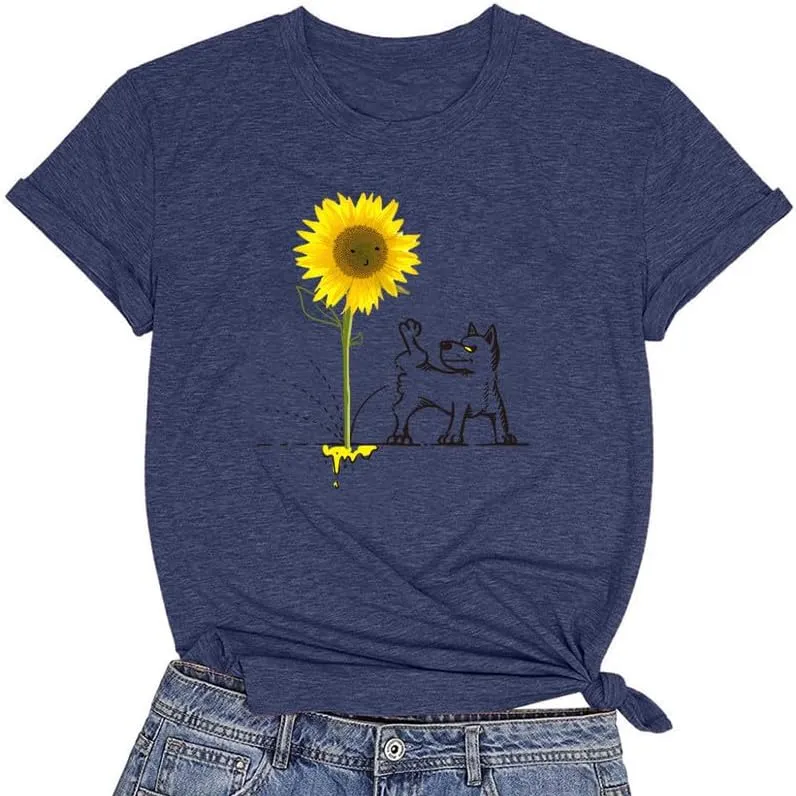 CORIRESHA Women's Dog Lovers Sunflower Print Summer Short Sleeve Round Neck Basic T-Shirt