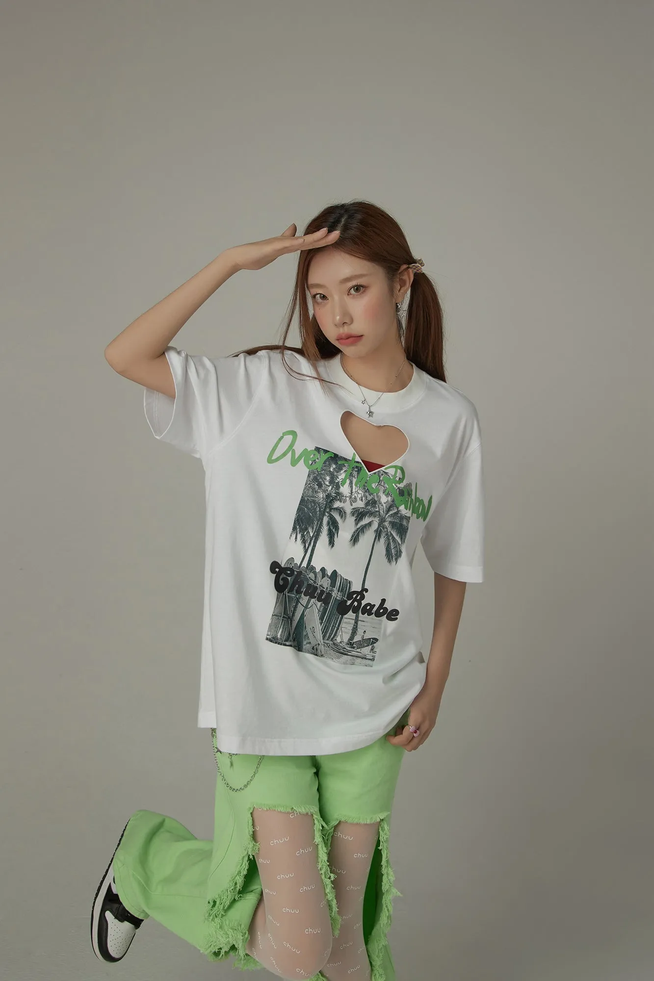 Cotton Heart Key Hole Chuu Babe Printed Loose Fit T-Shirt