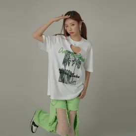 Cotton Heart Key Hole Chuu Babe Printed Loose Fit T-Shirt