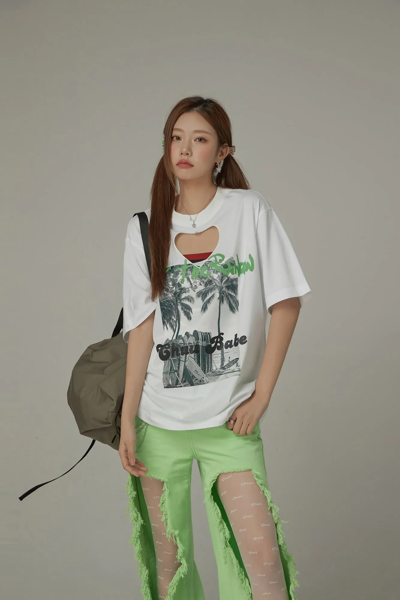 Cotton Heart Key Hole Chuu Babe Printed Loose Fit T-Shirt