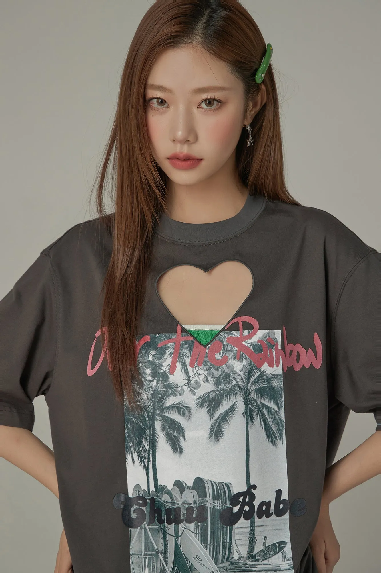 Cotton Heart Key Hole Chuu Babe Printed Loose Fit T-Shirt