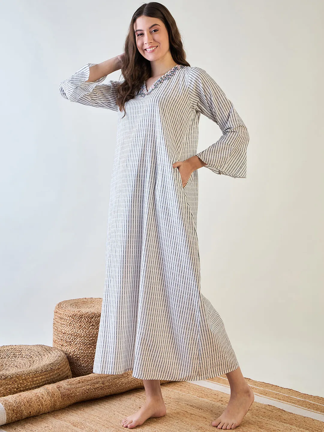 Cotton Nightdress with Chic Stripes and Embroidery