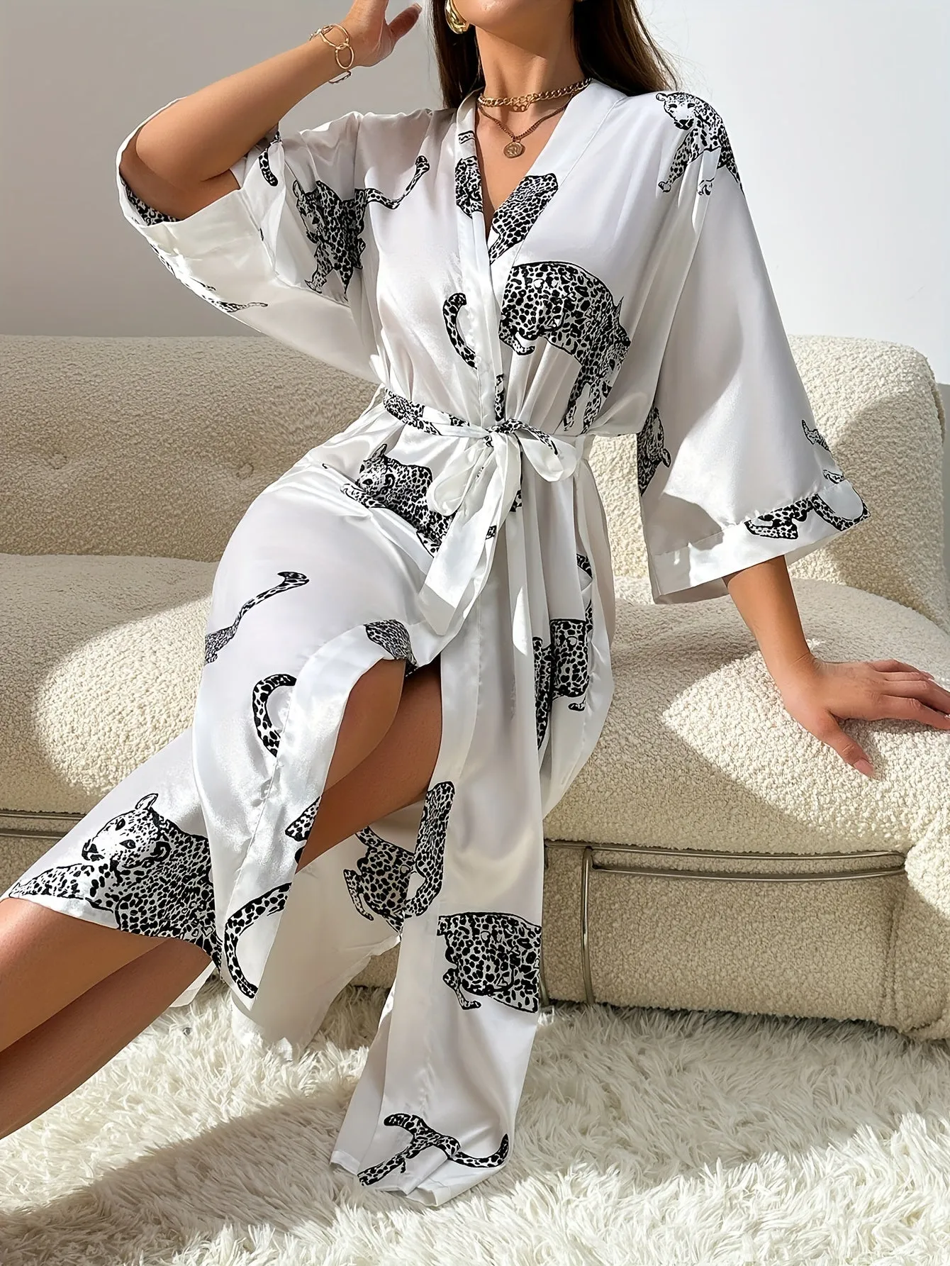 Elegant Leopard Print Silky Night Robes, Comfy Three Quarter Sleeve Robe With Belt, Women's Loungewear & Sleepwear