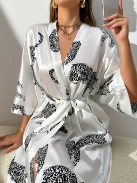 Elegant Leopard Print Silky Night Robes, Comfy Three Quarter Sleeve Robe With Belt, Women's Loungewear & Sleepwear